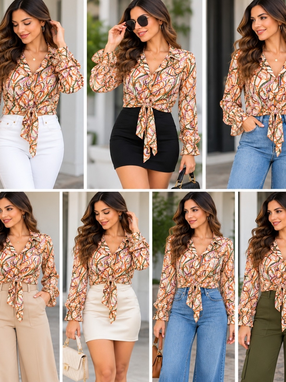 Woven Chain Print Tie-Front Blouse -Zara Multicolor